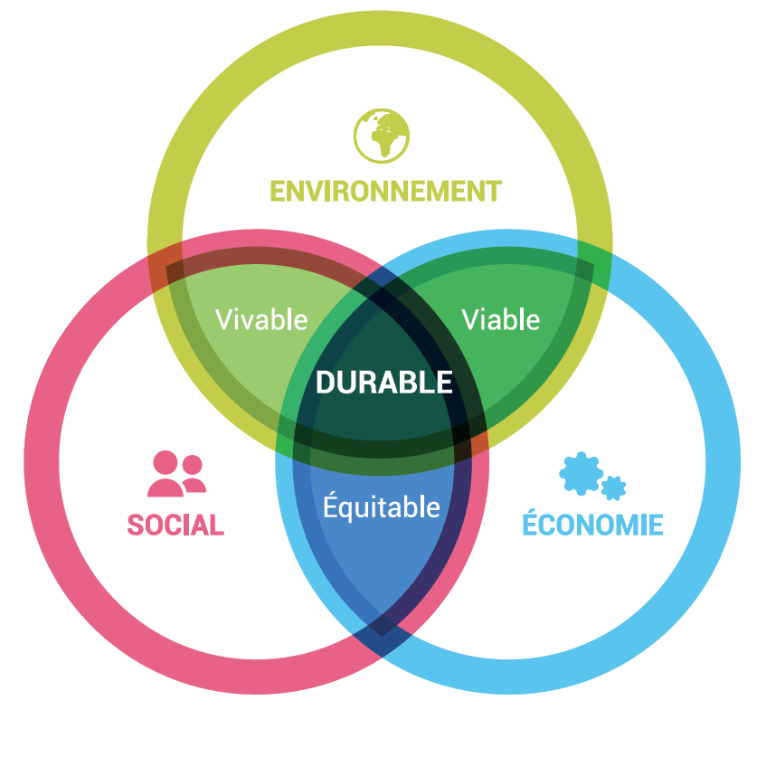 <p>Contrairement à la pensée populaire, le développement durable n’est pas uniquement synonyme d’environnement. En effet, pour qualifier un avenir de «durable», on doit solidifier les bases du développement social, économique et environnemental. Ainsi, c’est uniquement en renforçant réellement les synergies entre ces trois piliers, qu’on parvient à travailler vers ce qu’on peut appeler « un avenir durable ».</p>
<ul>
<li>Pour la qualité de l’environnement</li>
<li>Pour l’équité sociale</li>
<li>Pour l’efficacité économique</li>
</ul>